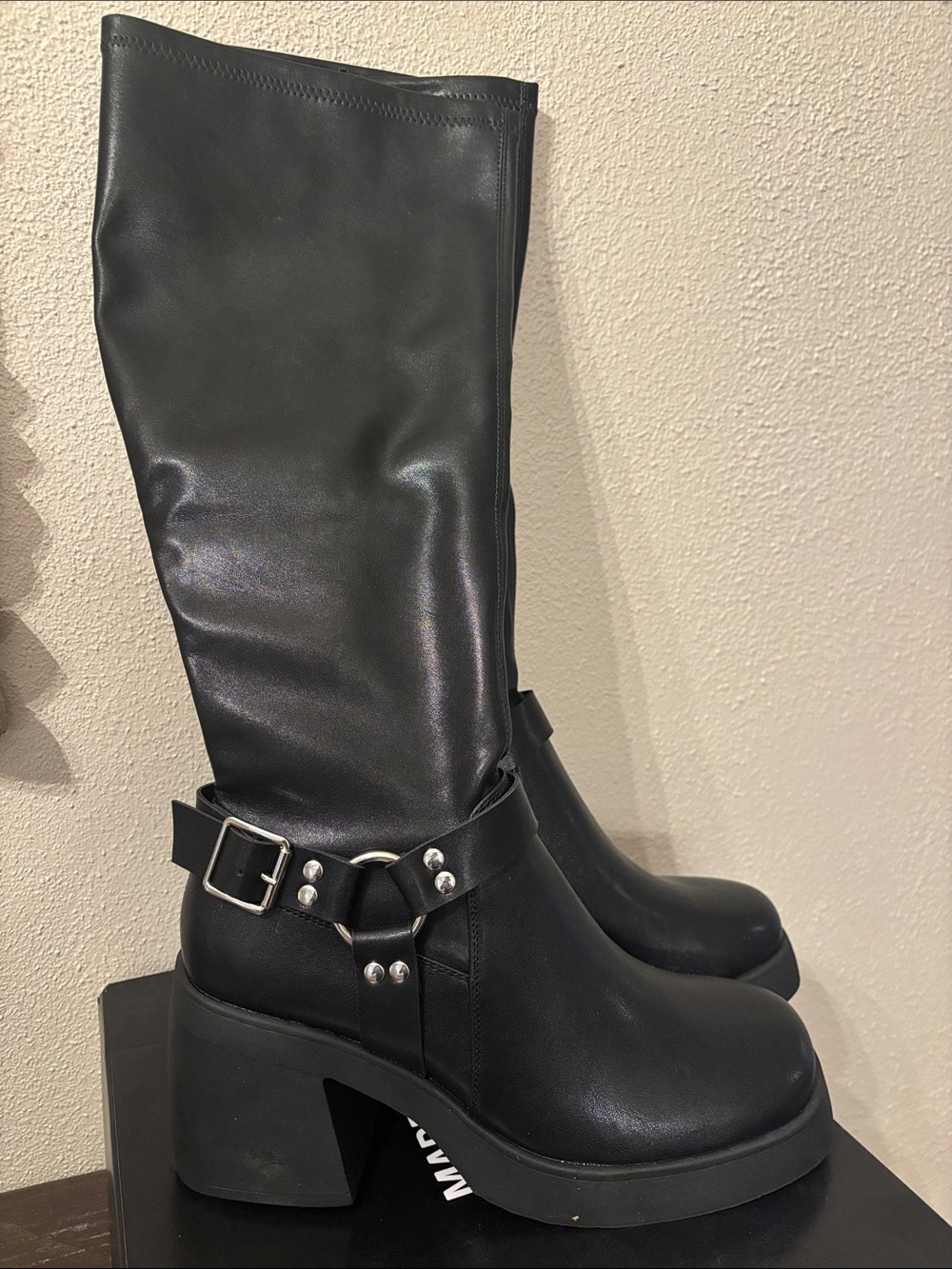 Madden NYC Women’s  Black Knee Chunky Heel Harness Boots